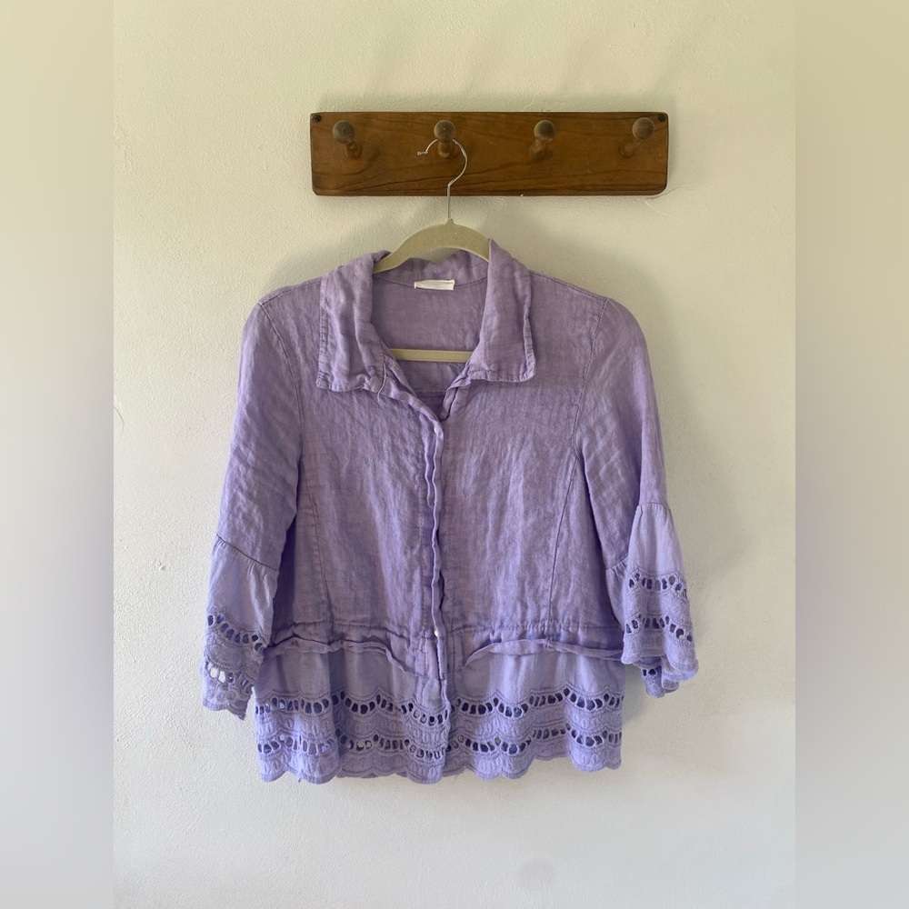 Lavender Linen Lace Trim Blouse, S